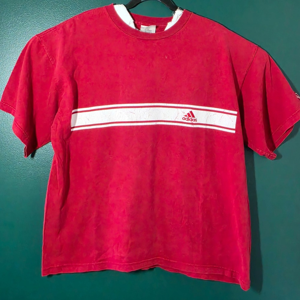 Vintage Adidas Red T-Shirt Mens XL White Chest Stripe Graphic Tee Short Sleeve